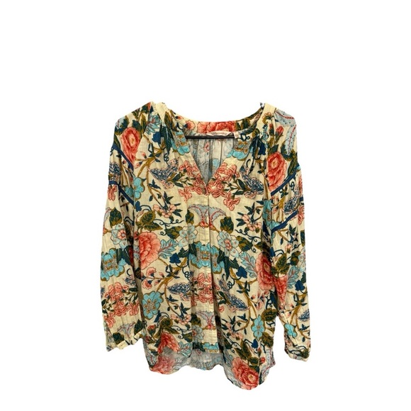 Soft Surroundings Women's Ecru Multi Floral Button-Up Bisonette Gauze size Large - Picture 2 of 7